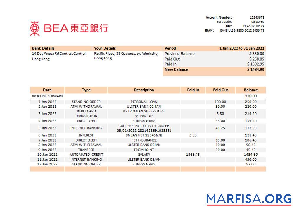 Downloadable Hong Kong BEA bank statement word sample